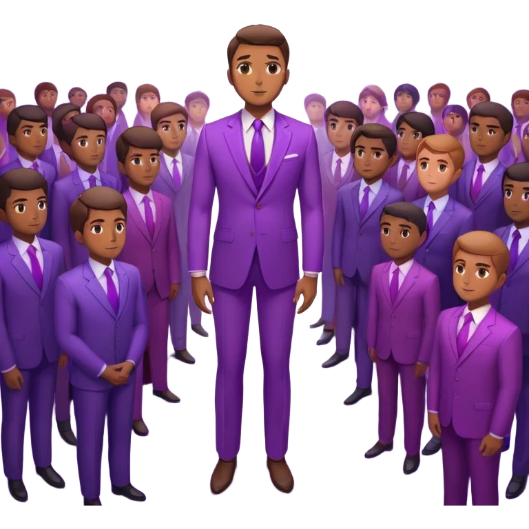 A charismatic person standing confidently in the center of a room, radiating a violet warm bright aura glow, he is calm with a lot of people around emoji