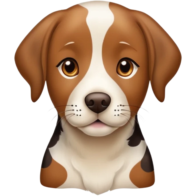 spotted brown Labrador retriever with calico pattern, friendly face emoji