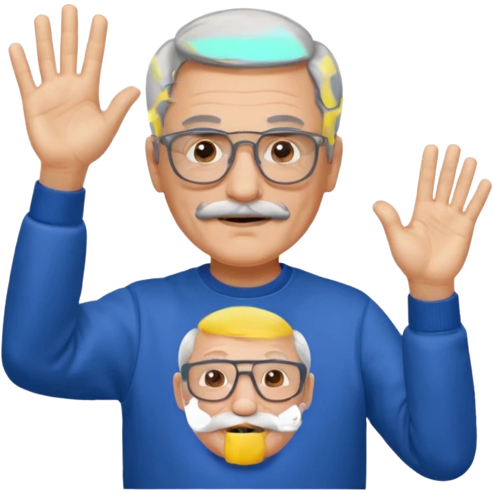 60 yr man partial gray hair parted in center, mustache, light glasses, sweatshirt waving hello emoji