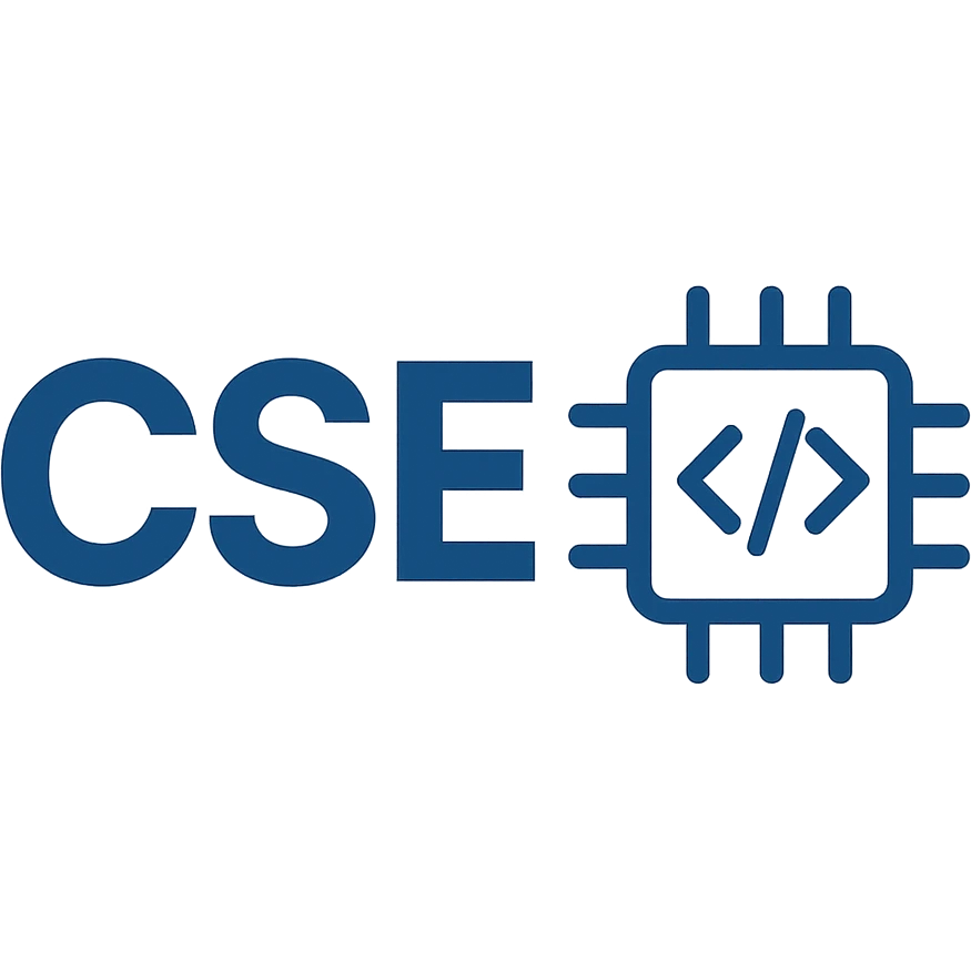 modern CSE logo, bold sans-serif letters, simple tech icon, blue and white emoji