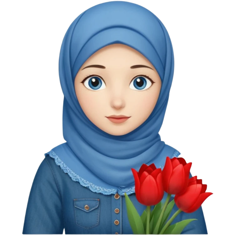 Turkish beautiful finish Konya girl blue eyes with denim hijab islamic dress and had on her hand red tulips  emoji