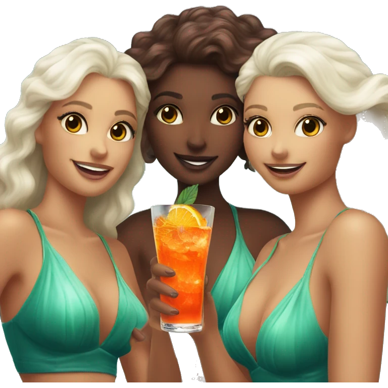 Three beautiful bright skin mermaids drinking aperol emoji