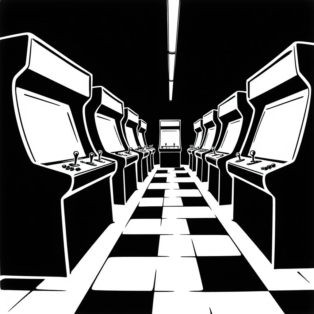 An 80s arcade with glowing machines and neon flooring emoji