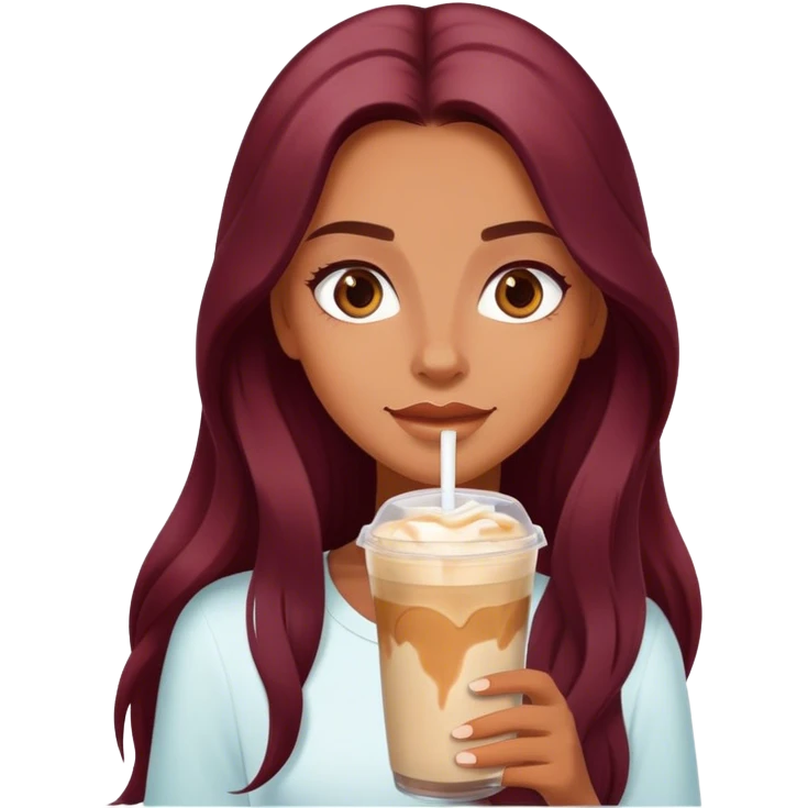 Burgundy long haired tanned girl with iced latte emoji