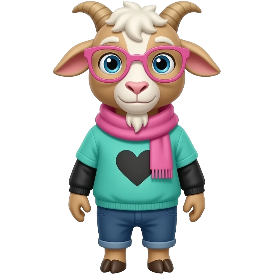 Raslei from the video game deltarune basically a goat with no eyebrows standing on two legs wearing a turquoise green like sweater with a black heart in the middle and black sleeves wearing pink glasses and pink scarf emoji