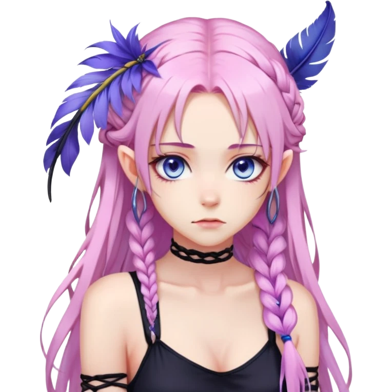 Gorgeous beautiful pretty grumpy anime lady long-pale-pastel-pink-hair with one braid on each side, hanging purple feather-ear-cuffs with pink tips in hair, black bodysuit, blue eyes, pink iris, ethereal, fashion aesthetic  emoji