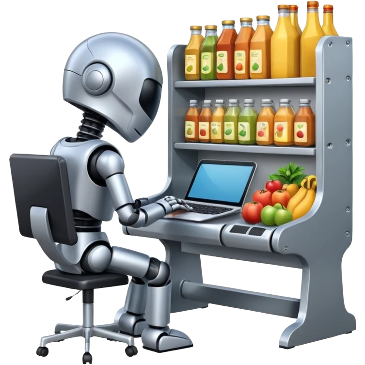 Grocery shelf design on a computer with a robot at the keyboard emoji