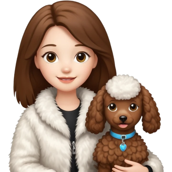 A white smiling girl with a long brown straight(middle part) hair and wearing a fur white jacket holds a brown poodle emoji