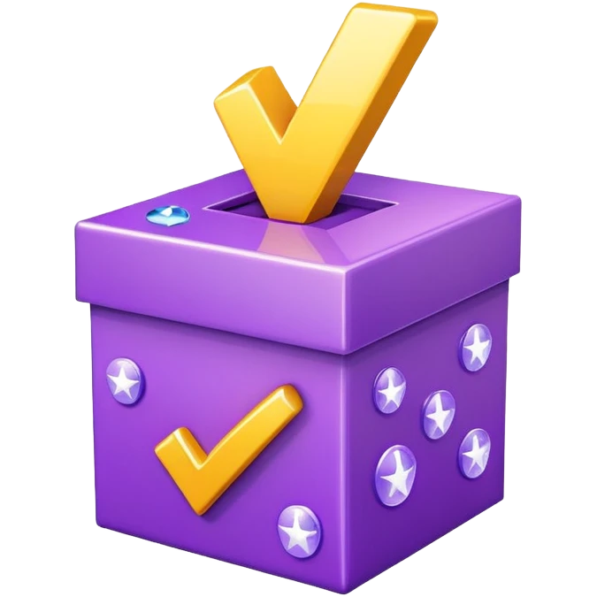 3D emoji of a box with checkmark and sparkles, completed task symbol, in friendly cartoonish purple style emoji