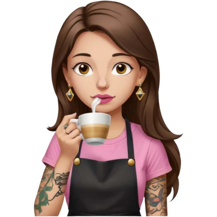Fille cheveux long châtain, peau beige type européen, teeshirt rose avec un tablier noir, piercing au nez anneau doré, boucle d’oreille diamant doré. Elle boit un café. tatouage à la gorge  emoji