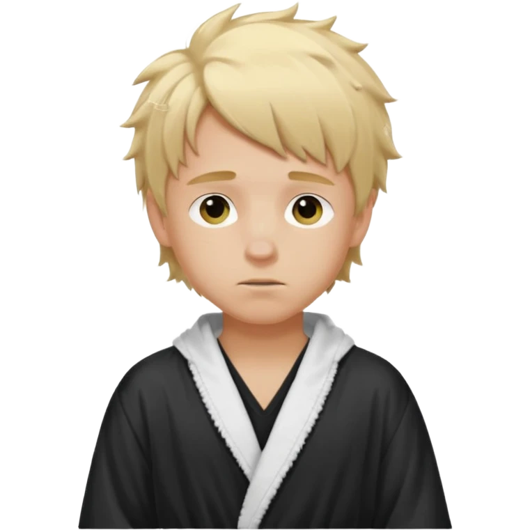 Create a blond boy with long, messy hair, light eyes, a white t-shirt, rich, with long hair, blue eyes, medium-length, voluminous hair, wearing a black Nike bathrobe and a little blush near his nose. emoji