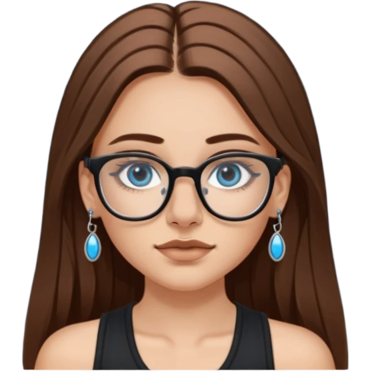 White girl with long brown hair, part going more to the RIGHT side, BLUE eyes, wearing BLACK rectangle plastic frame glasses. SEPTUM nose piercing hoop (at bottom of nose) AND stud nose piercing on right side of nose. Wearing BLACK tank top. No other jewelry emoji
