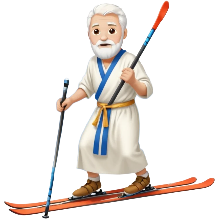 Old man white hair white beard wearing white toga robe on skis with mountains emoji