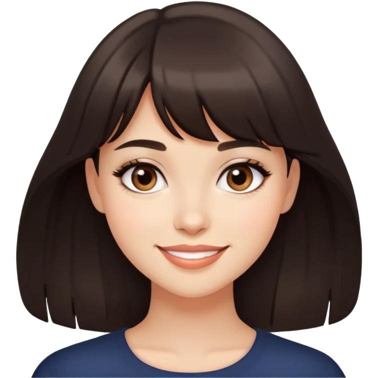Attractive young woman with dark brown bangs and subtle makeup, confident smile emoji