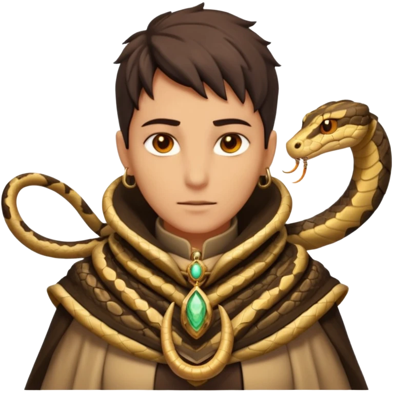 desert sand mage portrait, head and shoulders only, serpent-patterned cloak collar, snake charm necklace, sand vortex around shoulders, glowing amber eyes, 3D cartoon, mobile game icon style, clean background, no text, no watermark
 emoji