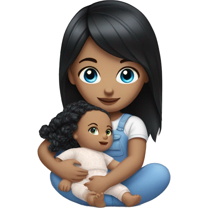 white Girl with black hair and blue eyes playing with baby doll emoji