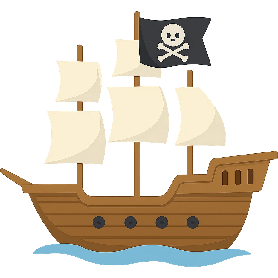 pirate ship with black jolly roger flag, nautical vessel with tall masts and cannons emoji