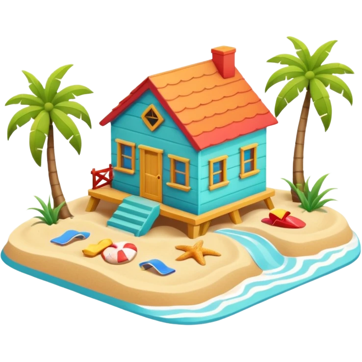 beach house near ocean, sandy ground, small waves, tropical vibe, colorful house, 3D cartoon, cute game icon, clean background, no text emoji