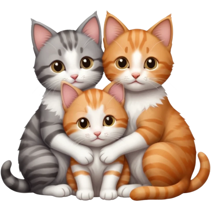 3 kittens cuddling together all different colours, the first one is grey and white, the second is ginger and white and the third is brown tabby and white emoji