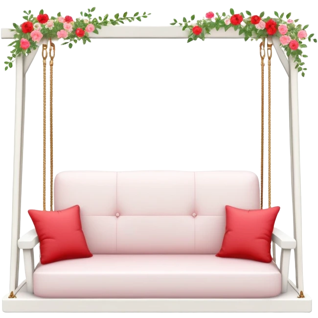 Romantic white wooden pastel-red cushions couch-swing with tiny flowers around emoji