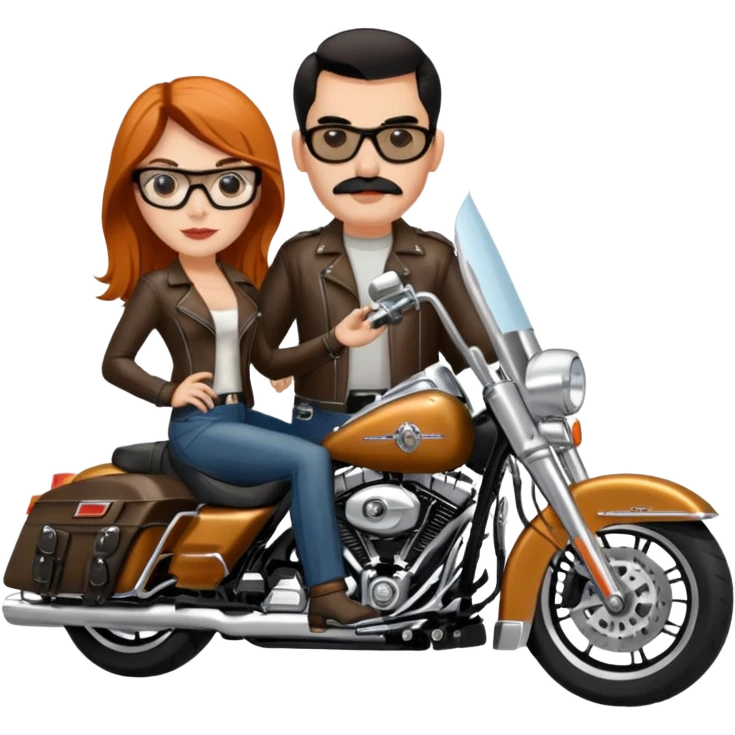 Un couple de biker sur une harley road king noire, l'homme sans moustache et une paire de lunettes demetz ros21, la fille a des cheveux plus dans les tons chatain emoji