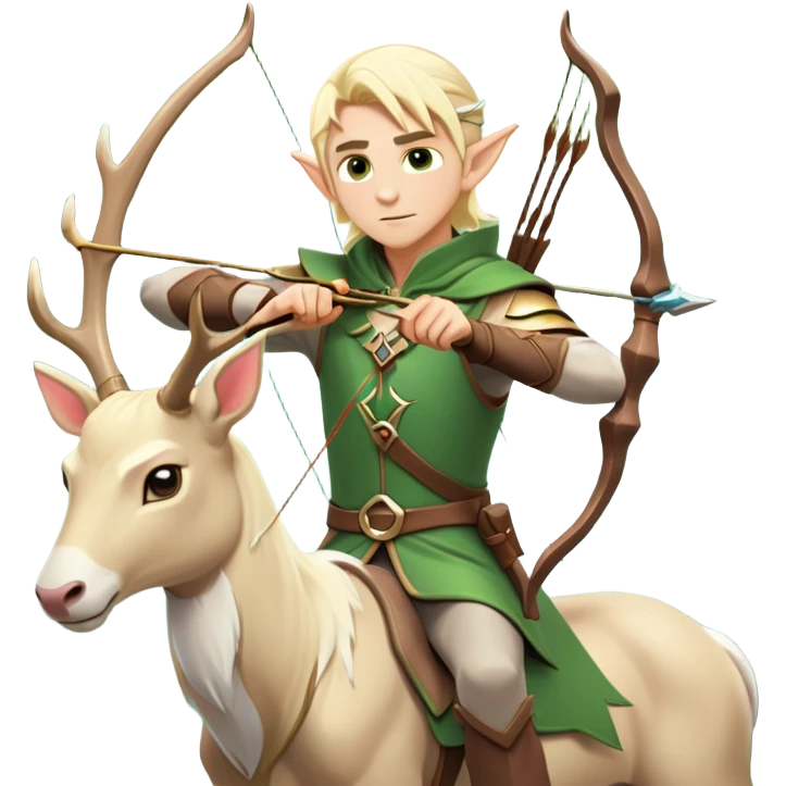 clash-of-clans-aesthetic-blond-male elf-archer-portrait-emoji, rendered in a flat, vector-style with minimal shading and bold holding his bow, simplified shapes, head tilted slightly forward with a determined, focused expression, riding a majestic white stag whose antlers glow with mystical energy, set against an ancient, enchanted forest backdrop. emoji