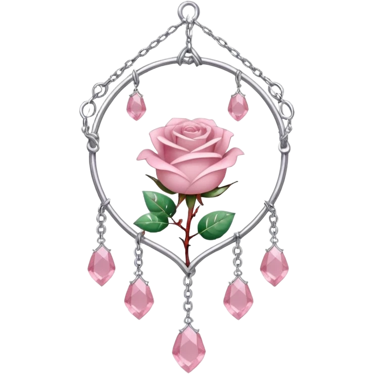 Rose-pink-metal-chained rose-quartz-crystallic romantic delicate fine pretty suncatcher  with tiny red roses, silvery vines, tiny quartz crystals emoji
