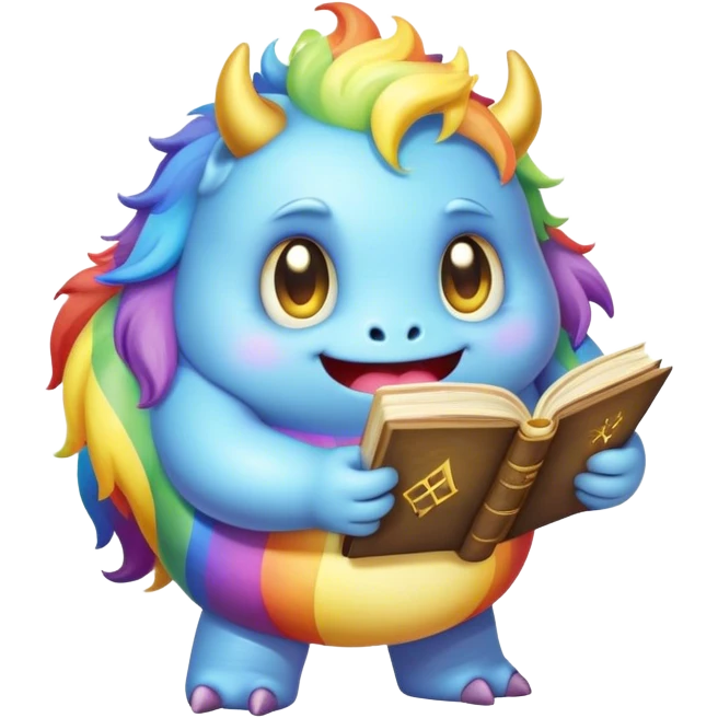Kawaii derpy fat rainbow monster with magic spell book, rich textures, visually rich, so lifelike that it feels like it could leap off the page at any moment emoji