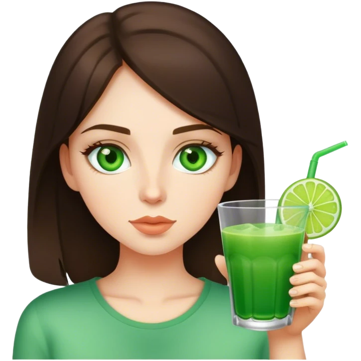 brunette girl with green eyes drinks green drink emoji
