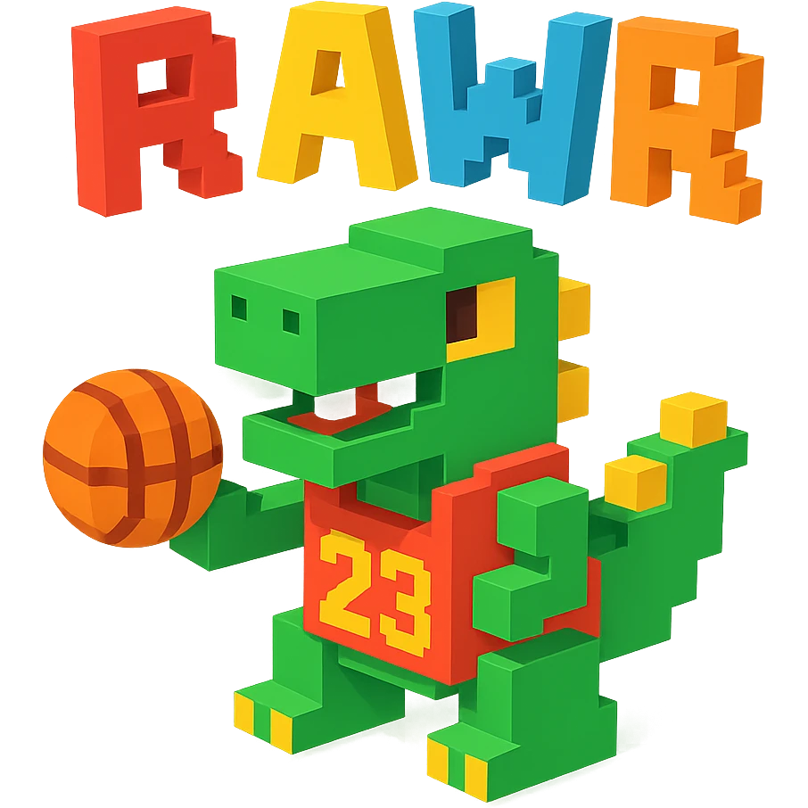 надпись "RAWR" и динозавр с баскетбольном мячом в майке с надписью "23", no background  emoji