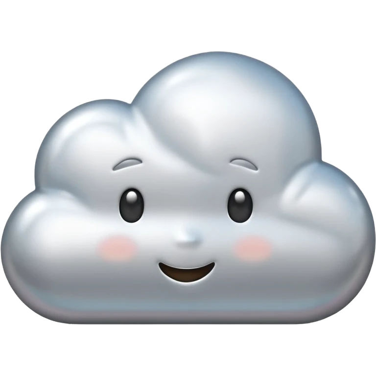 A cute cloud emoji made of silver chrome, smooth rounded shape, glossy metallic surface, soft reflections, minimal and friendly design, iOS emoji style, centered, clean white background, soft lighting emoji