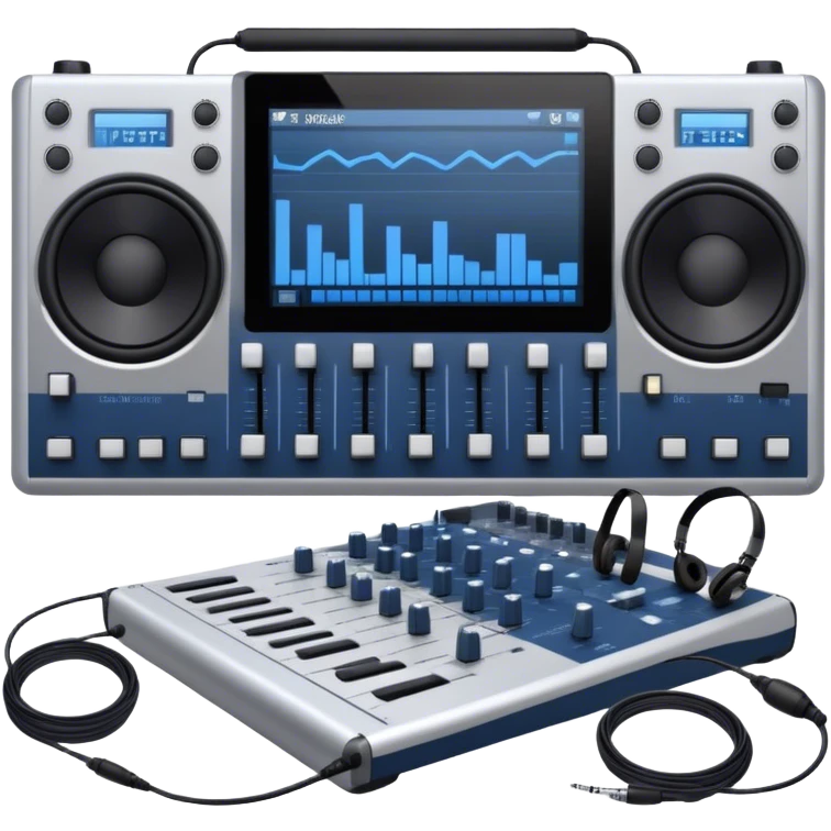 Create a professional and technical emoji that represents sound engineering. The design should feature a sound mixing console with faders, a pair of studio headphones, and audio waveforms to symbolize the precision and technicality of sound mixing and mastering. Include elements like a microphone or audio cables to reflect the recording aspect. Use colors like silver, black, and dark blue to represent the technical, yet artistic side of sound engineering. The background should be transparent. emoji