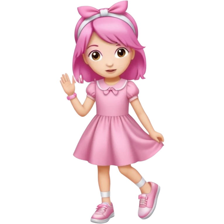 A girl wear a a pink pink dress and pink wacth and a pink hairband and a white shoes emoji