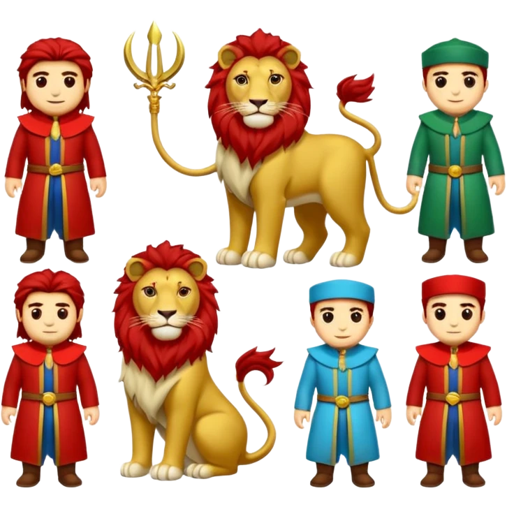 Güneş gözlüklü pantolonlu sarı kırmızı tişörtlü yeşil gözlü mavi saçlı aslan emoji