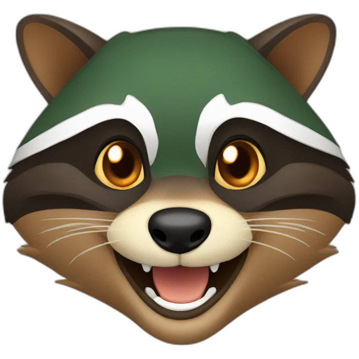 brown raccoon with orange eyes and a dark green hood that is laughing emoji