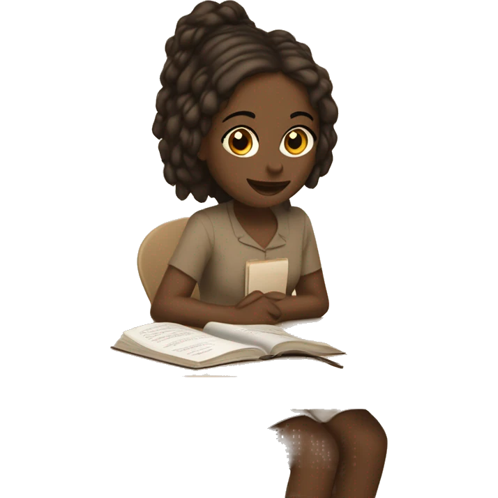 A girl at a table with a laptop. A a cup of coffee on the left side of the table. Books on the right side of the table. in beige tones emoji