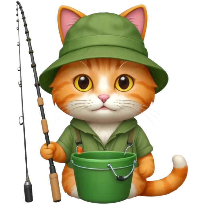 cat holding fishing rod with bucket hat green emoji