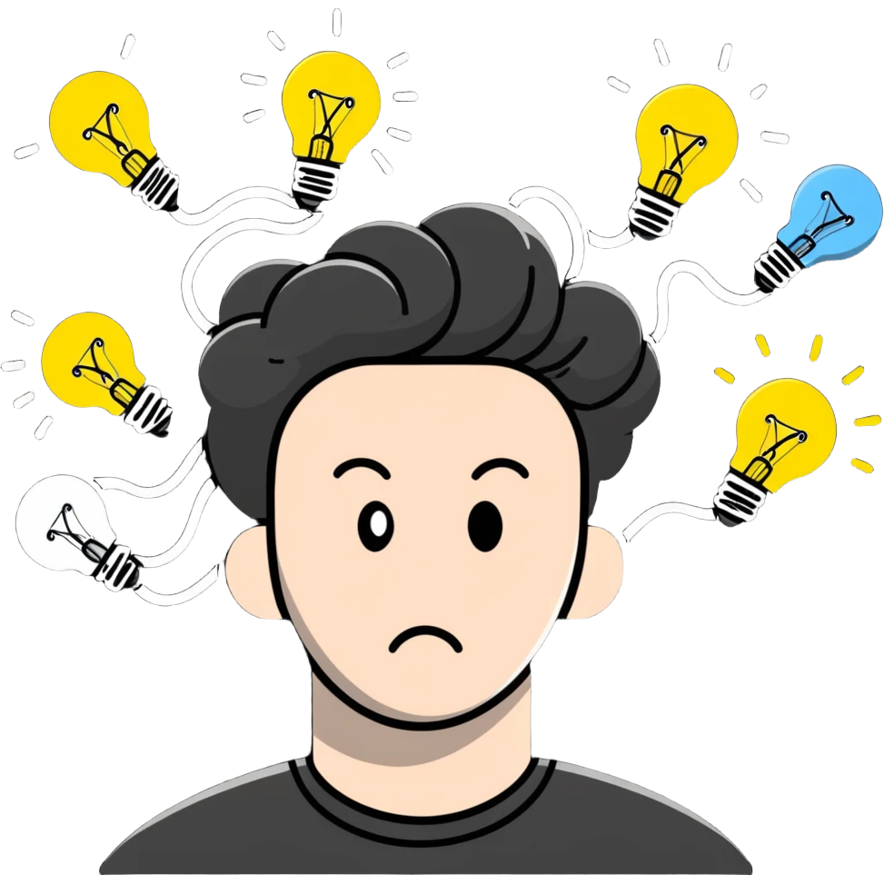 Person with a chaotic mind, swirling tornado of tangled thoughts around their head, containing question marks, light bulbs, and scribbles. The person has a bewildered, overwhelmed expression. emoji