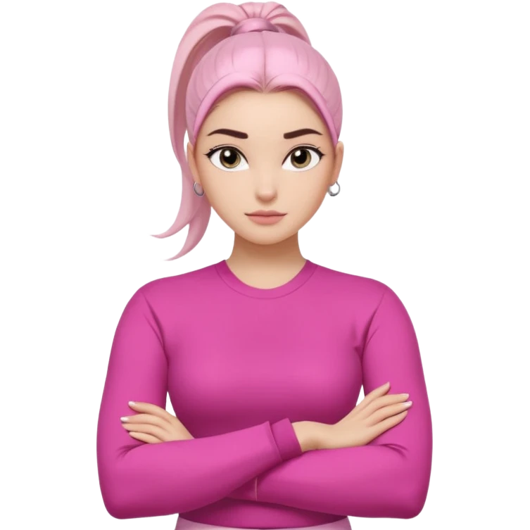 Character: Go-getter, confident, intelligent, composed
Emoji Look:

Light gray eyes, very noticeable

Well-shaped eyebrows, strong appearance

Upper ponytail

Street fashion look
Fair skin with a pink undertone

Arms crossed pose
Feeling: Girl Boss, cool beauty, minimal but powerful emoji