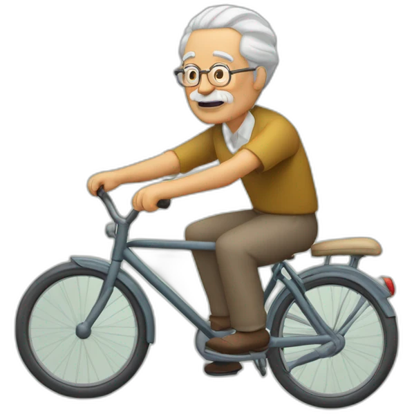 Abuelo sin barba con boina en la cabeza pedaleando con una bicicleta antigua de paseo con cara de cansado. emoji
