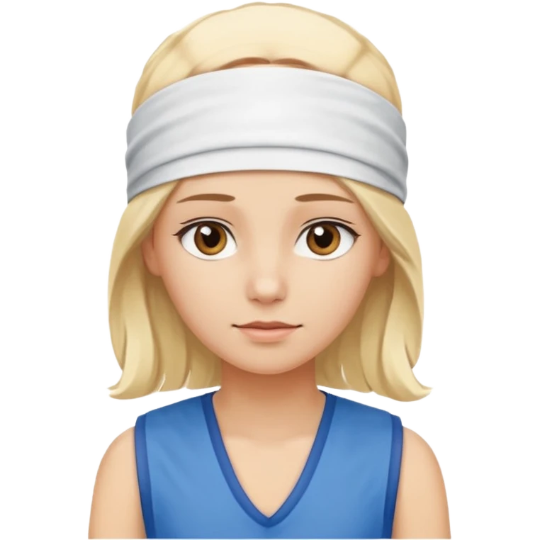 A 3D avatar of a blonde woman, who has brown eyes, is wearing a blue vest and a white headband on her head. She is looking straight at the camera. emoji