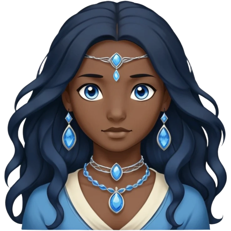katara avatar native with blue eyes, dark skin, long wavy dark black hair, sapphire on choker necklace  emoji