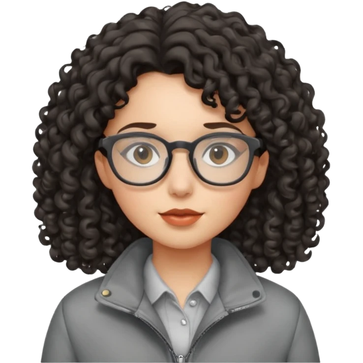 girl with dark curly hair, glasses and a gray jacket emoji
