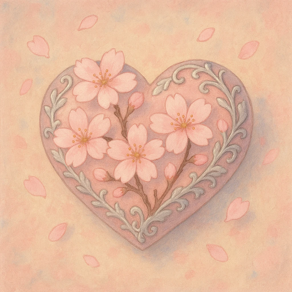 heart with sakura and silver accents, ghibli style emoji