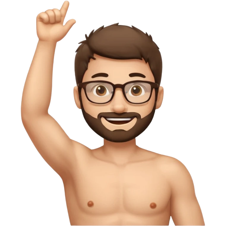 iOS emoji-style cartoon, light stubble, glasses, wide eyes, neutral skin tone, shirtless , hairy chest , one arm up hairy armpit emoji