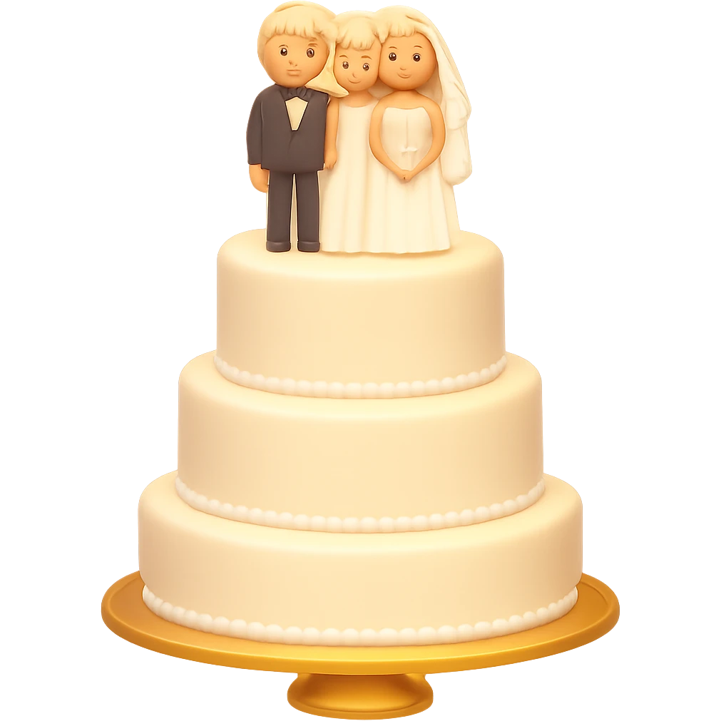 Add a soft glow effect to the white wedding cake with bride and groom toppers. Keep the background transparent. The style is emoji style with a soft glow effect. emoji