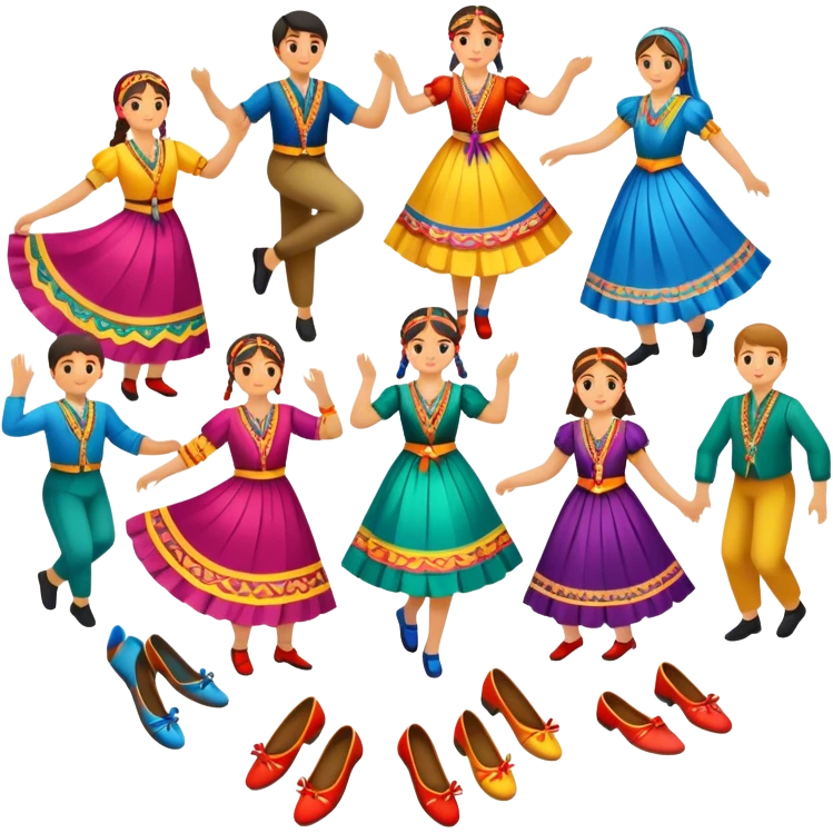 Icon for Folk Dance: close-up traditional dance dress, shoes, colorful folk costumes and a dance circle with ribbons. The icon should represent the vibrant and cultural aspects of folk dancing. Transparent background. emoji