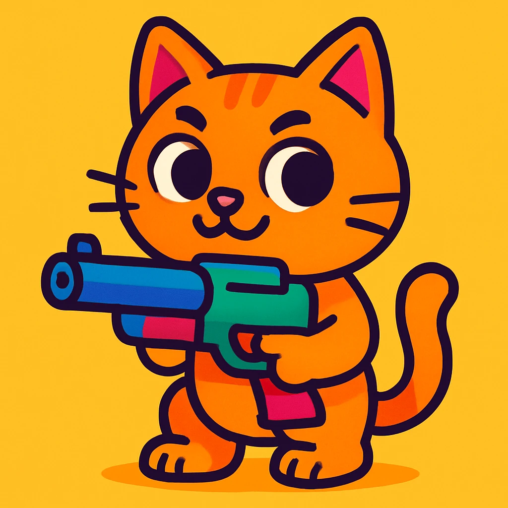 cartoon style little cat holding a gun, bright colors emoji