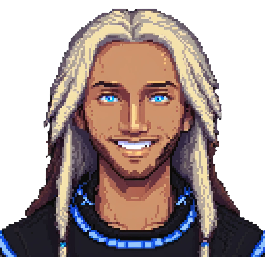 A cool guy with light skin, blue eyes, long hair, smiling emoji