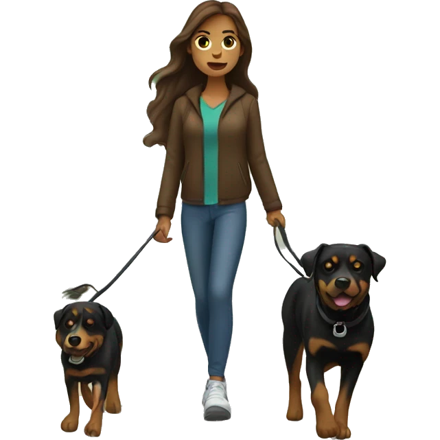 A woman with long brown hair and light Skin takes a Rottweiler for a walk  emoji